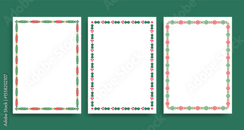 Christmas frames with festive borders featuring candies, holly leaves with berries in red and green, for holiday cards or seasonal invitations