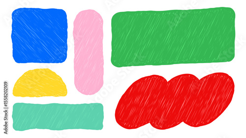 Colorful crayon-style text boxes in various shapes and sizes with scribble textures, perfect for playful childlike