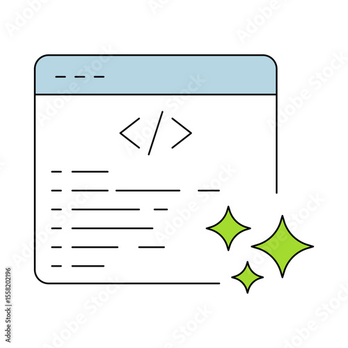 AI Generated Code icon. Code brackets with text. Automated Programming, AI-Powered Code Generation, Smart Development Tools, Digital Software Solutions, Machine Learning for Developers.Vector illustra