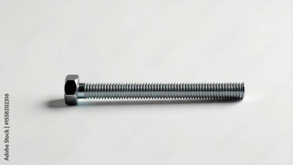 A metallic hex bolt with a threaded shaft lies on a plain, light-colored surface. A metallic hex bolt with a threaded shaft lies on a plain, light-colored surface.