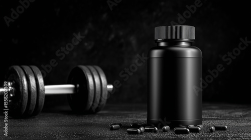 Dumbbell, black supplement bottle with pills on dark surface. Fitness and health promotion, gym and nutrition themes, workout supplements marketing.