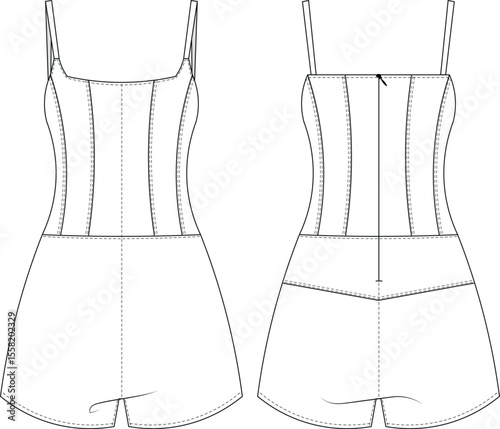 sleeveless strappy strapped shoulder straps u neck scoop neck darted tailored zippered mini jumpsuit overall romper template technical drawing flat sketch cad mockup fashion woman design style model 
