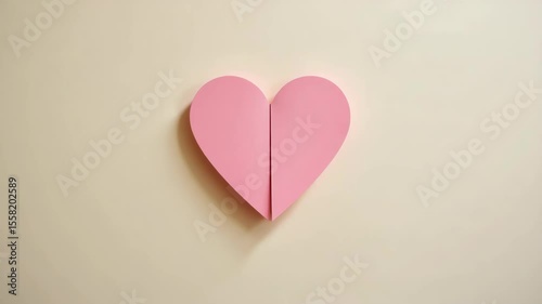 A pink paper heart split into two halves on a beige background, creating a minimalist and symbolic visual.