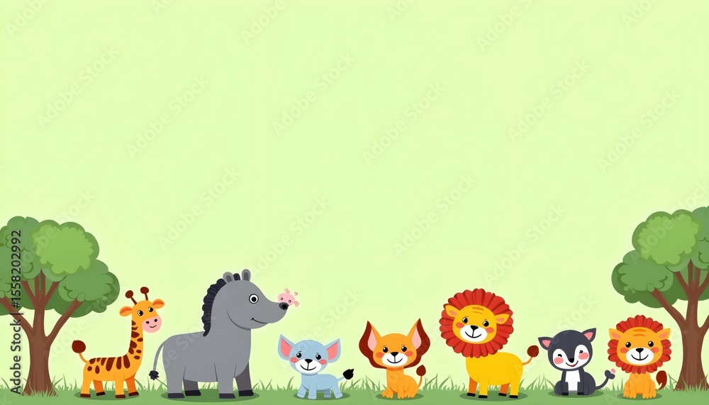 Fototapeta premium Colorful cartoon jungle friends surround an empty banner space