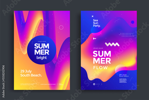 Vibrant abstract summer party posters with fluid gradient shapes and colorful waves