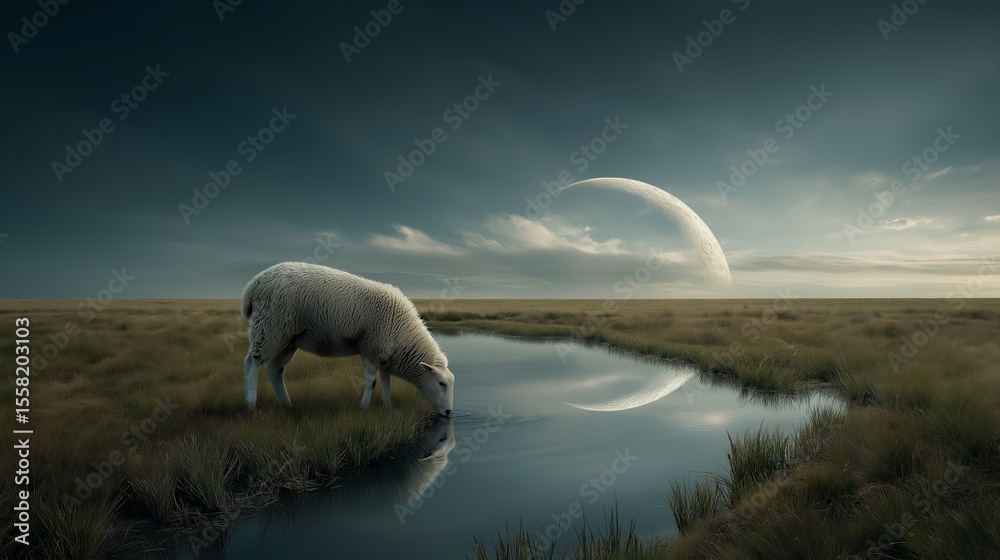 Fototapeta premium A surreal fantasy landscape of a lone sheep drinking from a stream, with the reflection of a giant crescent planet visible in the water and the sky