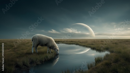 A surreal fantasy landscape of a lone sheep drinking from a stream, with the reflection of a giant crescent planet visible in the water and the sky