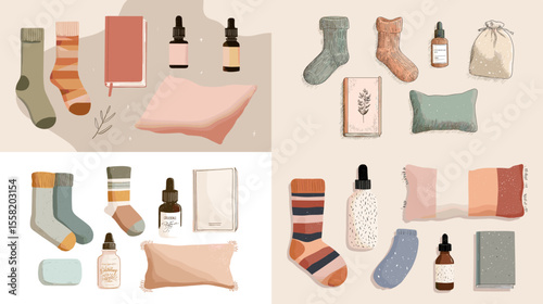 Cozy lifestyle illustration set including warm socks, pillows, journals, essential oils, and skincare items in soft pastel colors and modern flat style.

