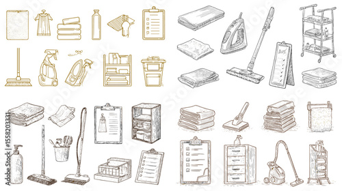 Hand-drawn cleaning tools icons featuring mops, vacuums, spray bottles, cloths, clipboards, and cleaning carts, perfect for housekeeping and maintenance visuals.

