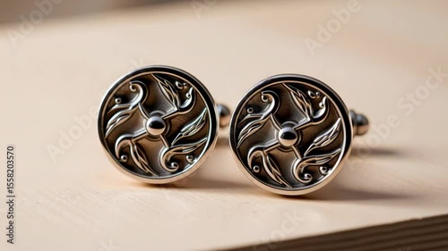 A pair of ornate silver cufflinks with intricate swirling leaf designs resting on a wooden surface.