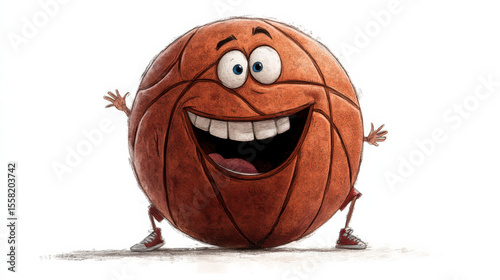 Cartoon basketball character with big smile and expressive eyes stands with arms and legs, wearing red sneakers, conveying playful and energetic vibe