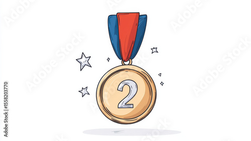 Silver medal with red and blue ribbon is illustrated, symbolizing second place achievement. medal is surrounded by small stars, adding celebratory feel to image