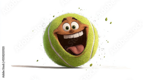 Tennis ball with joyful face and tongue sticking out adds playful and humorous touch to image. vibrant green color and animated expression create lively and fun atmosphere