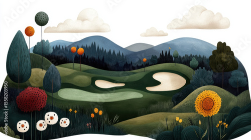 Whimsical landscape illustration features stylized golf course with rolling hills, vibrant trees, and colorful flowers under cloudy sky. scene is serene and imaginative