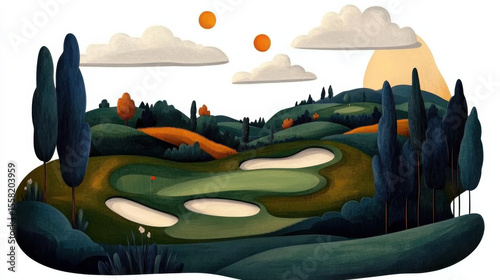 Serene, stylized landscape illustration of golf course features rolling green hills, sand bunkers, and tall trees sky with fluffy clouds and two orange suns. scene evokes tranquility and beauty
