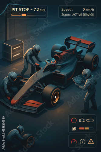 Vector image of Formula 1 pit stop mechanics changing tires and checking data on a race car in low-light garage scene.