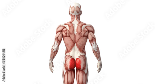 Detailed Muscular Anatomy of Human Back and Gluteus on White Background