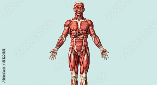 Detailed Muscular System Anatomy of a Human Male Against Light Blue Background