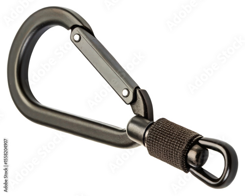 Heavy-duty black aluminum carabiner with a swivel hook on a transparent background