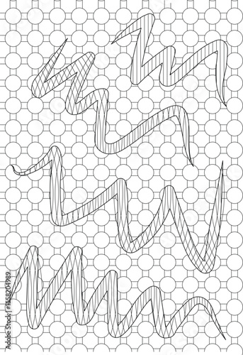 Dynamic abstract pattern with rhythmic wavy strokes and hatching on a clean geometric circle grid, offering a versatile modern background.