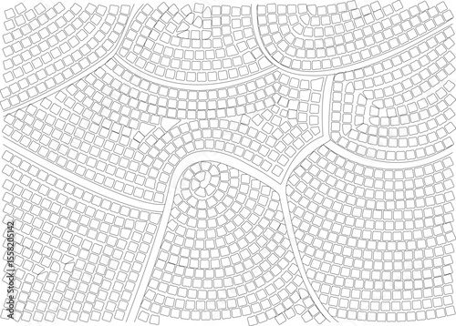 Monochrome black and white line drawing of a complex mosaic design, ideal for graphic backgrounds, digital art, or coloring.