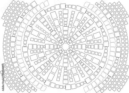 Modern Abstract Geometric Radial Mosaic Pattern with Interlocking Squares and Curved Shapes on White Background, Ideal for Contemporary Designs, Digital Art, and Minimalist Decor.