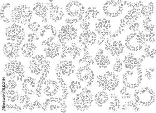 Ornate black and white abstract patterns for mosaic, textile, or coloring book designs, with intricate geometric elements.