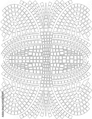 Intricate black and white abstract mosaic pattern featuring dynamic geometric shapes, radiating lines, and a central elliptical design, perfect for backgrounds, digital art, or coloring pages.