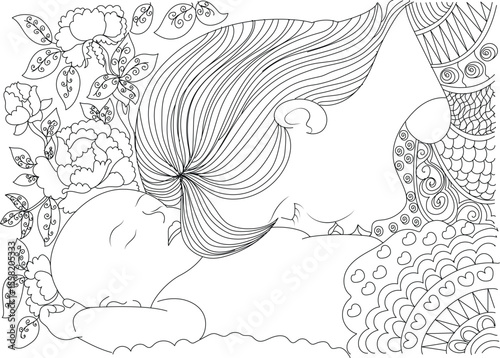 Tender Line Art Illustration of a Mother and Baby Embracing with Intricate Floral and Zentangle-Inspired Patterns, Perfect for Coloring Books, Mother's Day, and Maternity Themes.