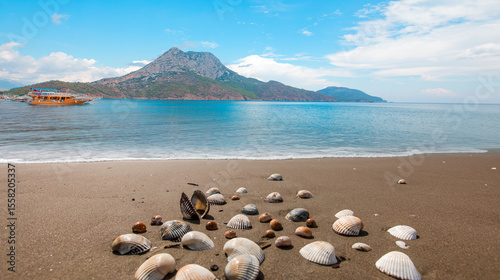 Fototapeta Naklejka Na Ścianę i Meble -  Amazing mussel shells on the Adrasan long beach coast- Adrasan beach is one of the most popular beaches of Antalya - Antalya, Turkey