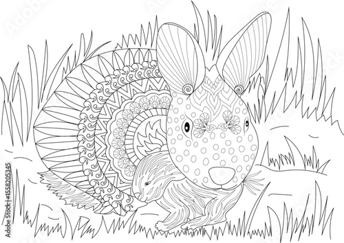 Detailed drawing of a rabbit family in nature, featuring Zentangle-style mandala patterns for relaxation and creative coloring.