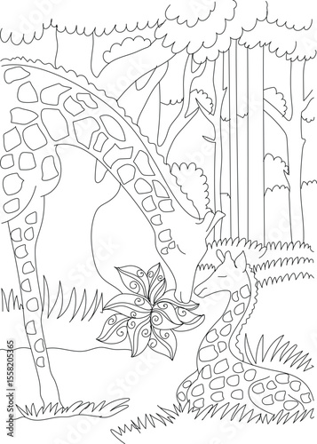 Adorable Mom and Baby Giraffes Sharing a Tender Moment in the Jungle - Beautiful Line Art for Kids and Adults to Color, Promoting Love and Nature Appreciation.