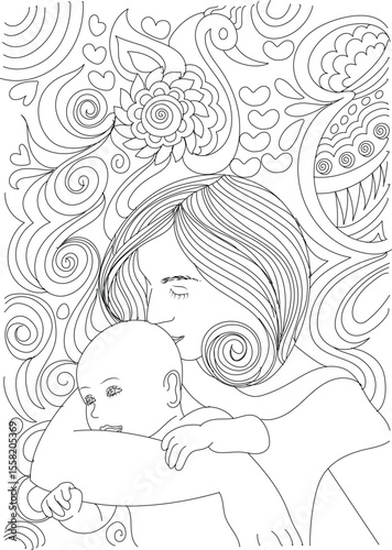 Black and white line drawing for coloring: A loving mother embraces her baby, surrounded by decorative, heartwarming patterns.