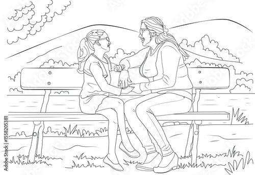 Joyful Mother and Daughter Bonding on a Park Bench, Engaged in Heartfelt Conversation and Laughter, Capturing a Beautiful Moment of Connection and Family Love Outdoors in Nature.