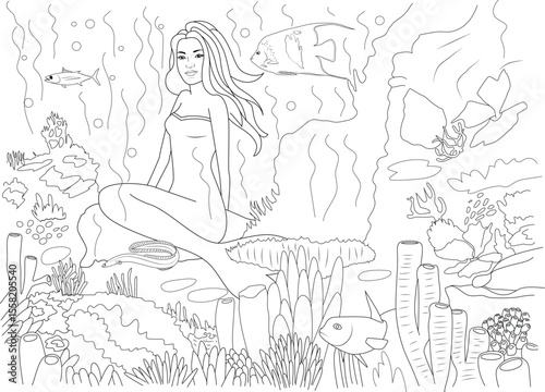 Beautiful Mermaid Sitting on a Rock in an Underwater Fantasy World, Surrounded by Fish, Coral, and Seaweed. Detailed Line Art Illustration for Coloring Books or Children's Projects.