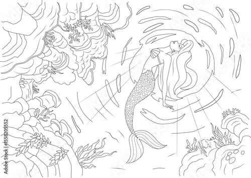 Beautiful Black and White Mermaid Illustration in a Tranquil Ocean Scene with Sunlight and Underwater Flora � Perfect for Kids' Activities and Fantasy Art.