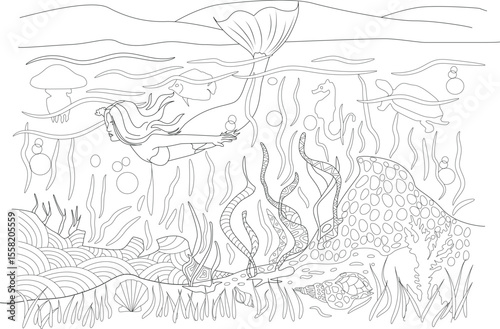 Whimsical line art illustration of a mermaid in a rich ocean environment with fish, seahorses, and intricate coral patterns for coloring.