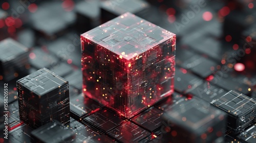 quantum computer core code sorts data blocks artificial intelligence blockchain background concept cube structure.