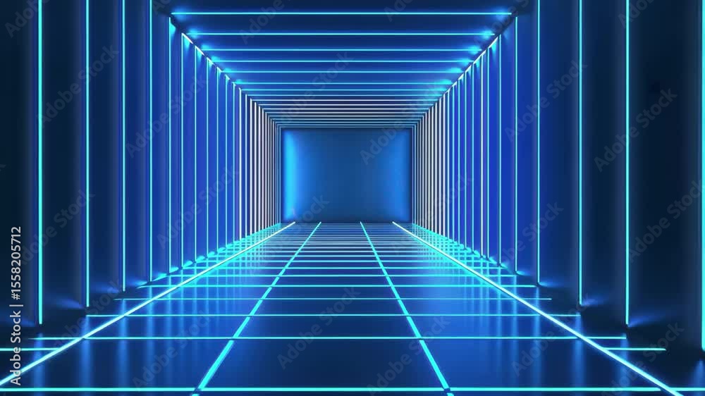 Vibrant blue light show panel creates an expansive abstract tunnel in a modern setting, Blue light show panel abstract background
