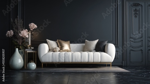 Luxury elegant dark living room interior with white sofa mock up, modern interior background, empty black wall mockup, 3d illustration.