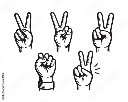 Victory Peace Hand Sign in Vintage Vector Etching Style