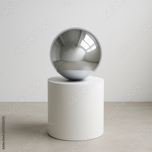 Minimalist modern reflective chrome sphere sculpture on white pedestal in gallery space