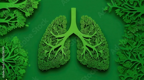 Tree in the green healthy lungs. abstract paper cut illustration. Vector template in carving art style. Ecology concept.
