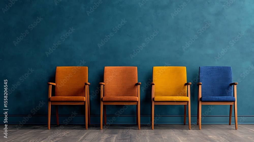Obraz premium Stylish Arrangement of Four Vibrant Chairs Against a Modern Textured Wall in Living Space