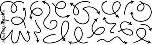 Arrow vector line set. Curved shape doodle brush element arow. Squiggly scribble direction up down abstract pointer. Change plan abstract stroke graphic sign. Curly circle looped spiral swirl map path