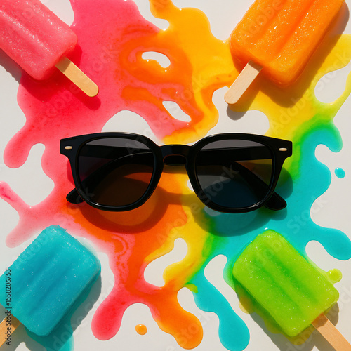 Black sunglasses with colorful melting popsicles on white background