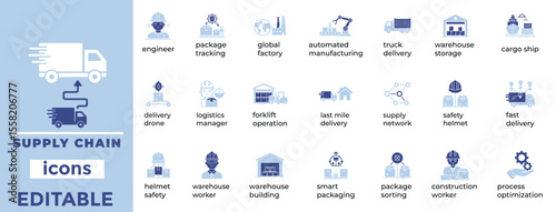 Editable supply chain vector icons ideal for logistics, industry, and operations. Clean, scalable line art style.