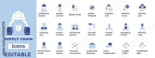 Editable supply chain vector icons ideal for logistics, industry, and operations. Clean, scalable line art style.