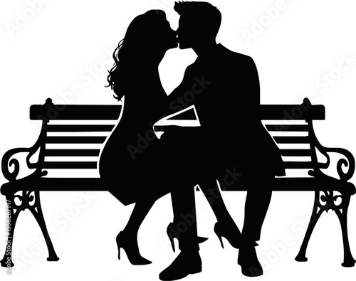 Silhouette of couple kissing on a bench vector on white background