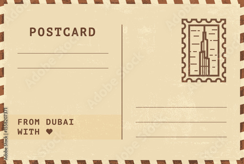 From Dubai postal card template. Vector grungy vintage style postcard illustration with stamp, monument, landmark, message. Simple flat greetings image layout